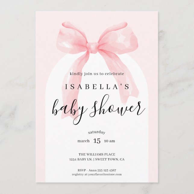 Watercolor Pink Ribbon Bow Baby Shower Invitation (Front)