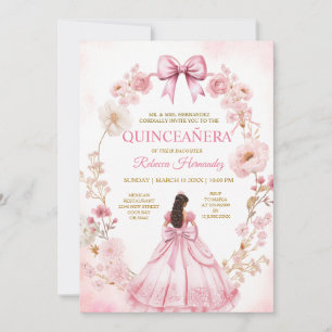 Watercolor Pink Ribbon Bows Quinceañera Invitation