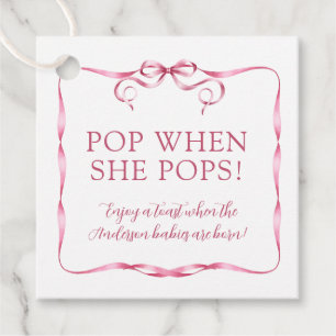 Watercolor Pink Ribbon Pop When She Pops Favour Tags