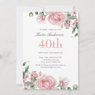 Watercolor PInk Rose 40th Birthday Party  Invitation