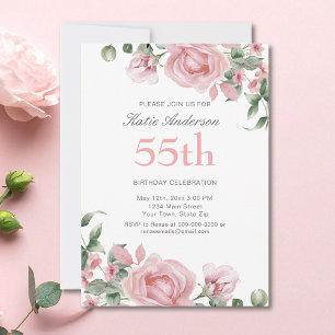 Watercolor PInk Rose 55th Birthday Party  Invitation