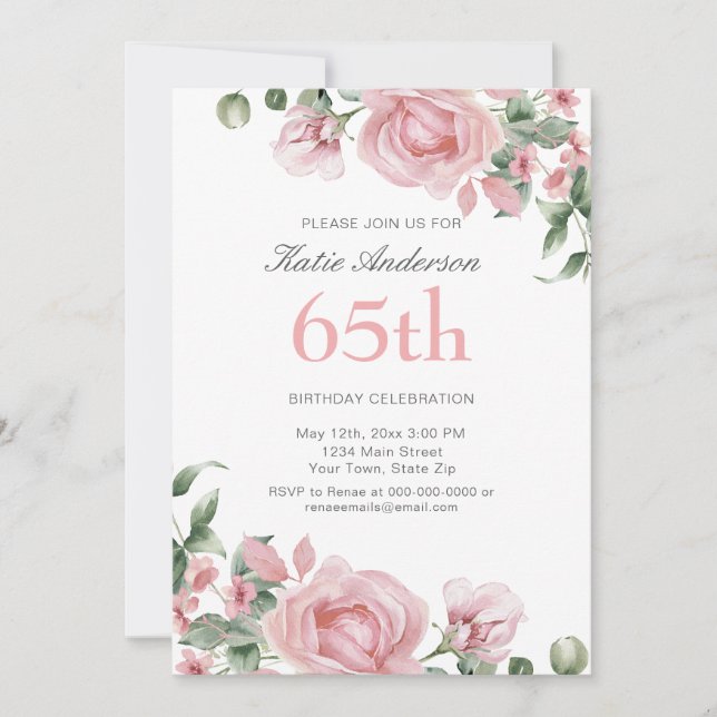Watercolor PInk Rose 65th Birthday Party  Invitation (Front)