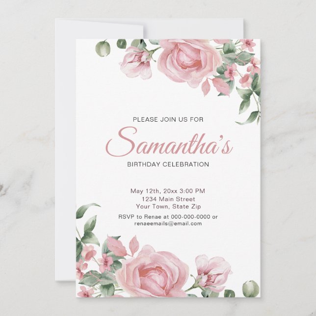 Watercolor PInk Rose Birthday Party  Invitation (Front)