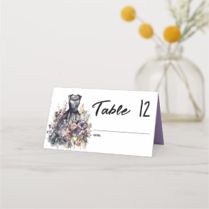 Watercolor pink rose black wedding dress name place card