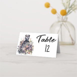 Watercolor pink rose black wedding dress place card
