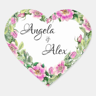 Watercolor Pink Rose Border Bride and Groom Heart Sticker