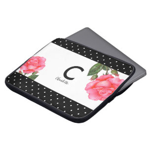 Watercolor Pink Rose Botanical Floral Art Monogram Laptop Sleeve