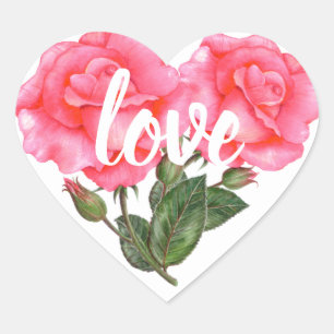 Watercolor Pink Rose Floral Illustration Love Heart Sticker