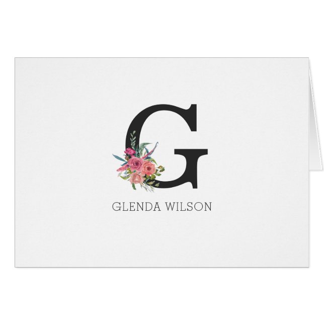 Watercolor Pink Rose Floral Monogram Note Card (Front Horizontal)
