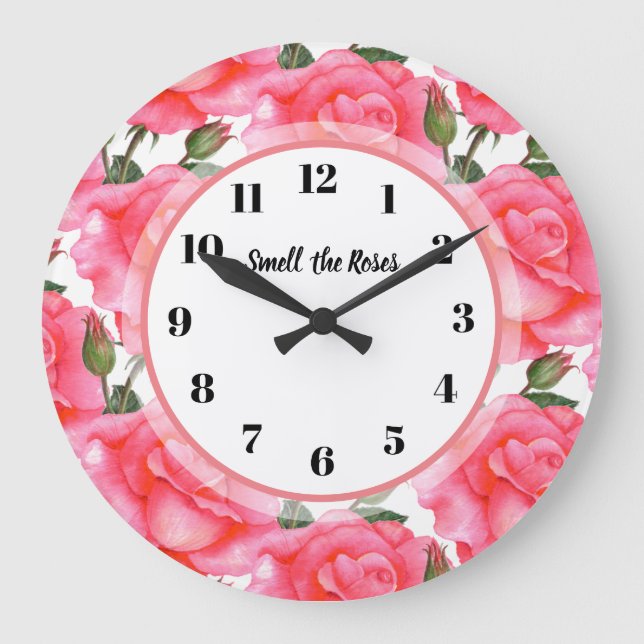 Watercolor Pink Rose Floral Pattern Illustration Large Clock (Front)