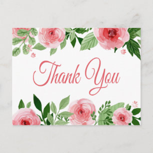 Watercolor Pink Rose Floral Thank You Postcard