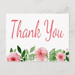 Watercolor Pink Rose Floral Thank You Postcard