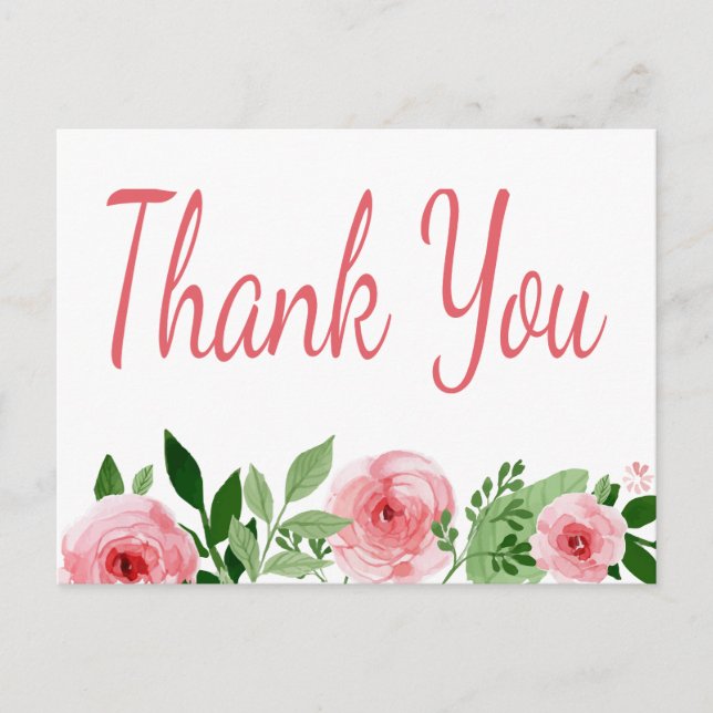 Watercolor Pink Rose Floral Thank You Postcard (Front)