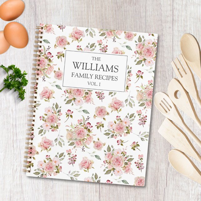 Watercolor Pink Rose Flowers Floral Family Recipe  Notebook (In situ)
