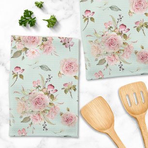 Watercolor Pink Rose Flowers Floral Pattern Tea Towel