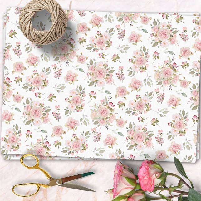 Watercolor Pink Rose Flowers Floral Pattern Tissue Paper (In situ)