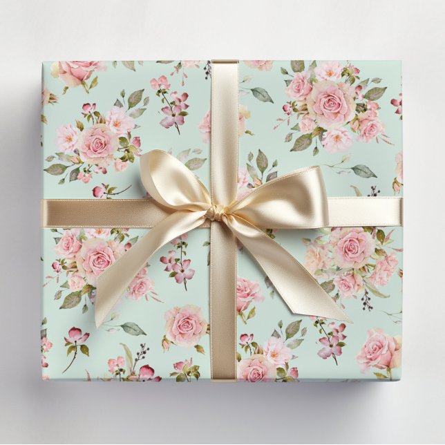 Watercolor Pink Rose Flowers Floral Pattern Wrapping Paper (In situ)