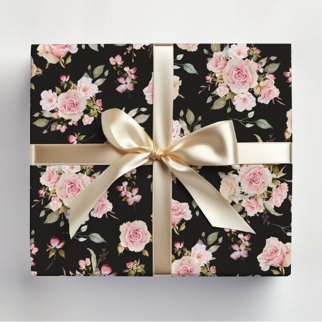 Watercolor Pink Rose Flowers Floral Pattern Wrapping Paper (In situ)