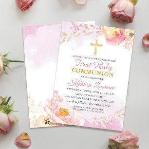 Watercolor Pink Rose Garden First Holy Communion Invitation