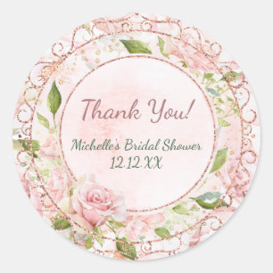 Watercolor Pink Rose Gold Glitter Thank You Classic Round Sticker