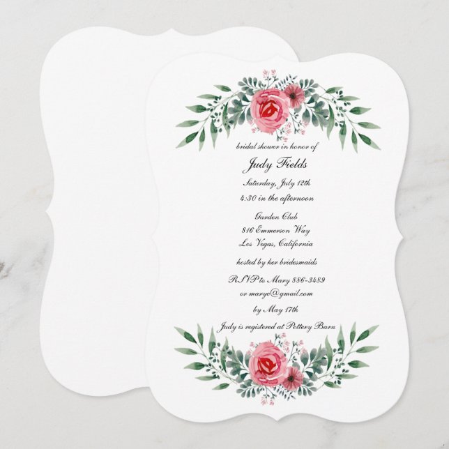 Watercolor Pink Rose Greenery Foliage Bridal Showe Invitation (Front/Back)