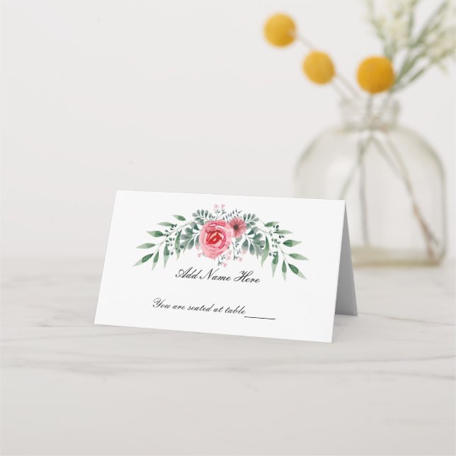 Watercolor Pink Rose Greenery Foliage Place Card (Front)