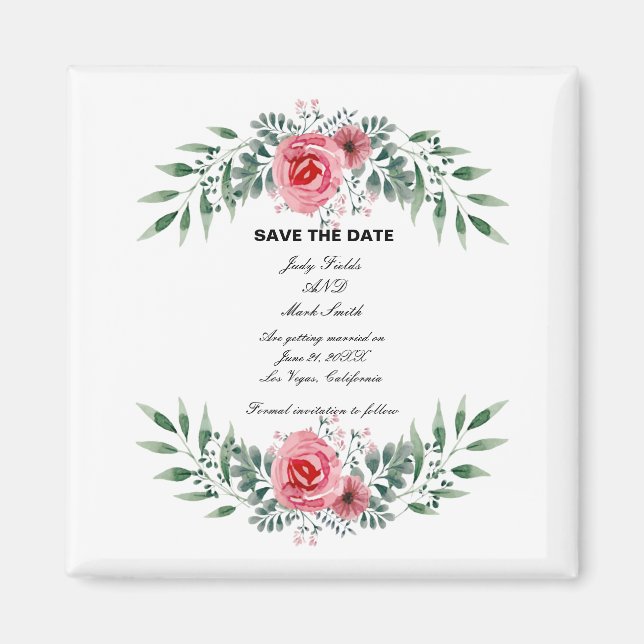Watercolor Pink Rose Greenery Foliage Save TheDate Magnet (Front)