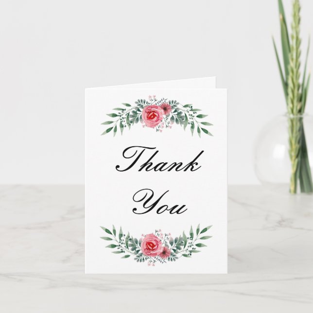 Watercolor Pink Rose Greenery Foliage  Thank You Card (Front)