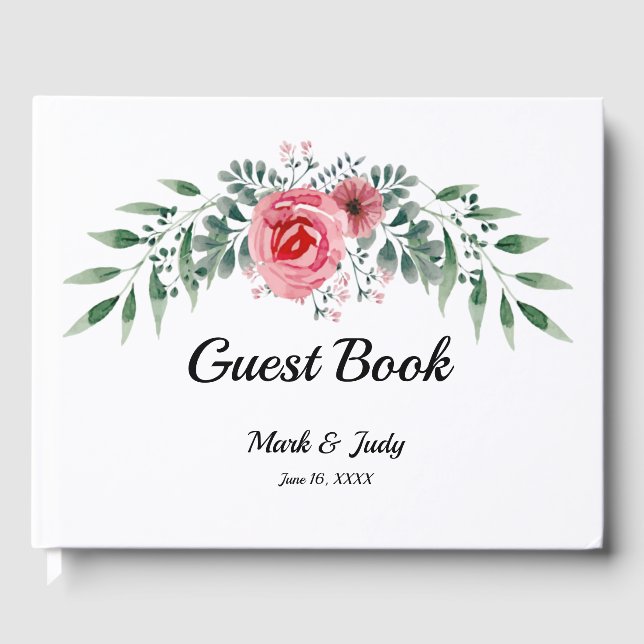 Watercolor Pink Rose Greenery Foliage Wedding Guest Book (Front)