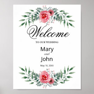 Watercolor Pink Rose Greenery Foliage Wedding Poster