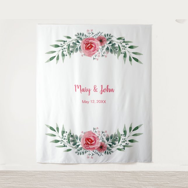 Watercolor Pink Rose Greenery Foliage Wedding Tapestry (Front)