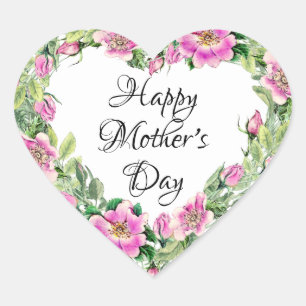 Watercolor Pink Rose Heart Happy Mother's Day Heart Sticker