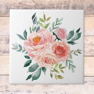 Watercolor Pink Rose Peony Flower Bouquet Tile