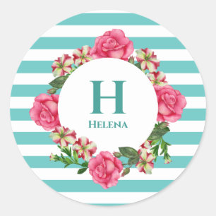 Watercolor Pink Rose Red White Petunias Monogram Classic Round Sticker