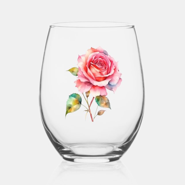Watercolor pink rose. Rose with stem Stemless Wine Glass (Front)