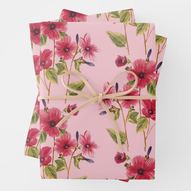 Watercolor Pink Rose Set of 3 Wrapping Sheets (In situ)