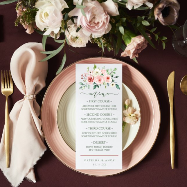 Watercolor Pink Rose Wedding Dinner Menu  (Creator Uploaded)