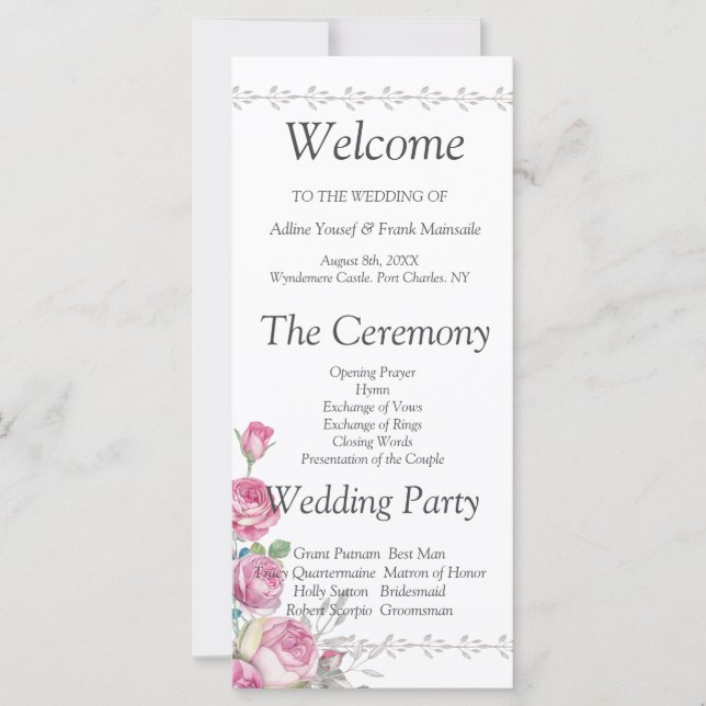 Watercolor Pink Rose Wedding Program (Front)