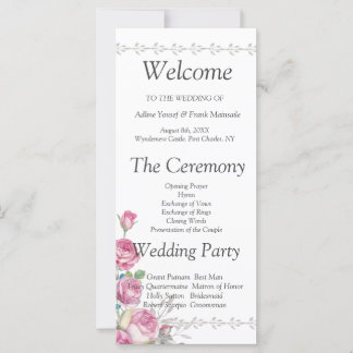 Watercolor Pink Rose Wedding Program