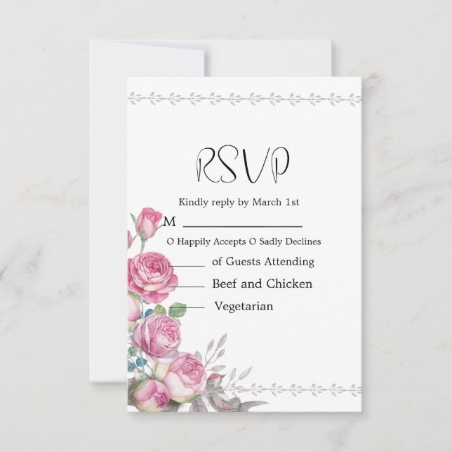 Watercolor Pink Rose Wedding RSVP Card (Front)