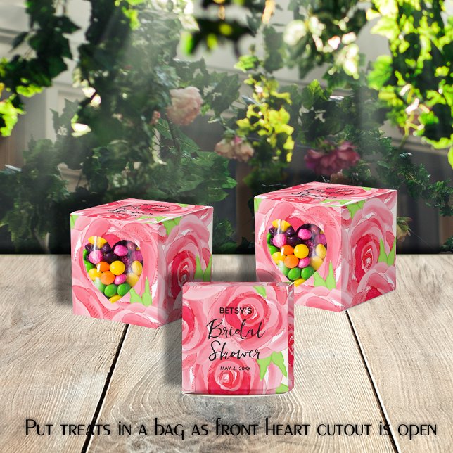Watercolor Pink Roses 2" Party Favour Box (2" square favor boxes have a heart cut out in the front. Put treats in a bag as heart is open.)