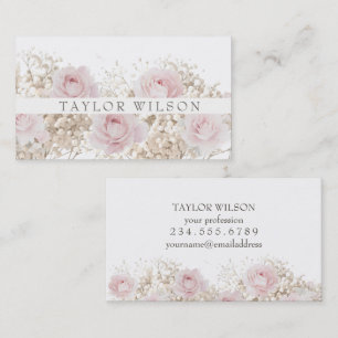 watercolor pink roses and baby's breath business card
