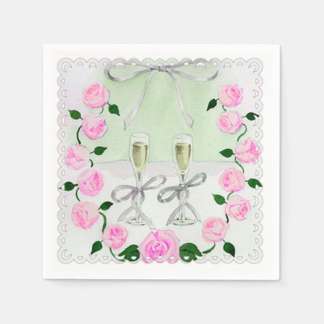 Watercolor Pink Roses and Champagne Napkin (Front)