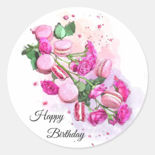 Watercolor Pink Roses and French Macarons Birthday Classic Round Sticker