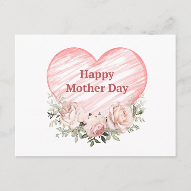 Watercolor Pink Roses and Heart Mother's Day Holiday Postcard (Front)