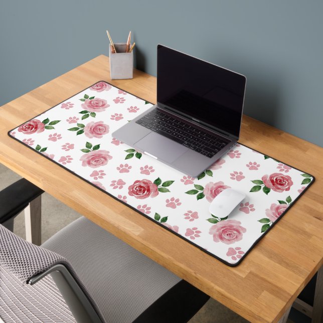 Watercolor Pink Roses and Paw Prints Desk Mat (Office 2)