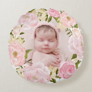Watercolor Pink Roses and Peonies Wreath Nursery Round Cushion