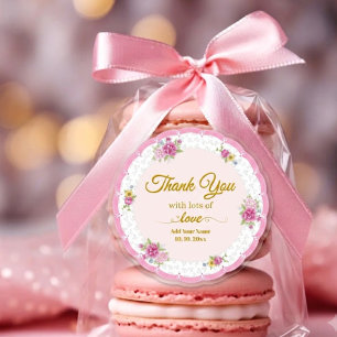 Watercolor Pink Roses and Yellow Floral Thank You Classic Round Sticker