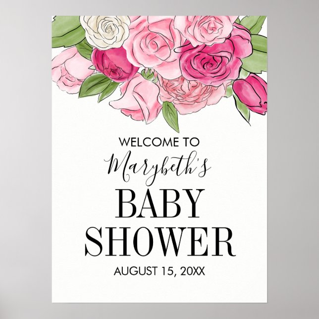 Watercolor Pink Roses Baby Shower Welcome Poster (Front)
