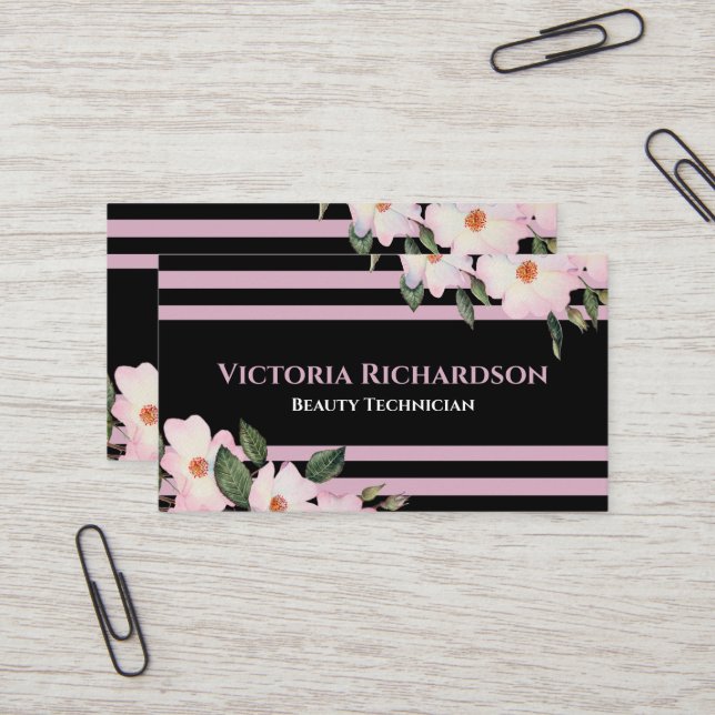 Watercolor Pink Roses Ballerina  Floral Stripes Business Card (Front/Back In Situ)